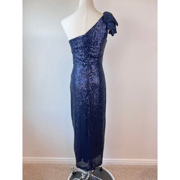 Ieena Duggal Sequined Bow Detail Midi Dress with High Slit Navy Blue size 2 - Picture 3 of 14